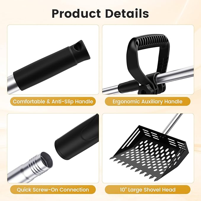 2-in-1 Chicken Poop Scooper & Rake, 38 to 66" Adjustable Stainless Steel Chicken Coop Scoop for Sand Chicken Litter Scoop with Handle Litter Sifting Shovel for Chicken Coops & Pet Waste