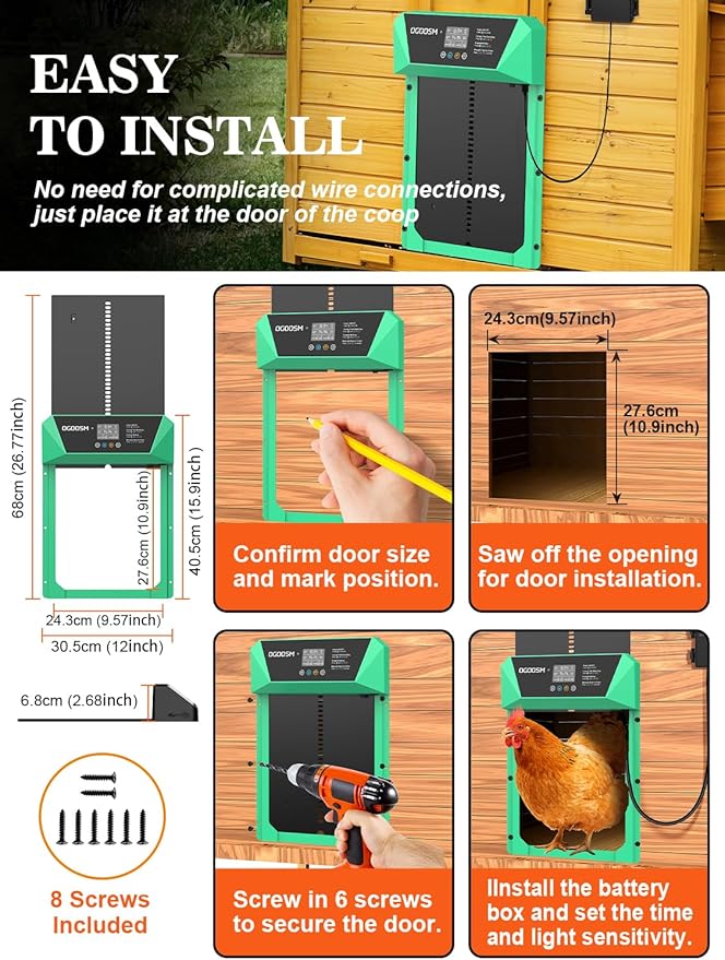 Automatic Chicken Coop Door, Aluminum Automatic Chicken Door with Anti-Pinch Feature, Timer and LCD Display (New-Green)