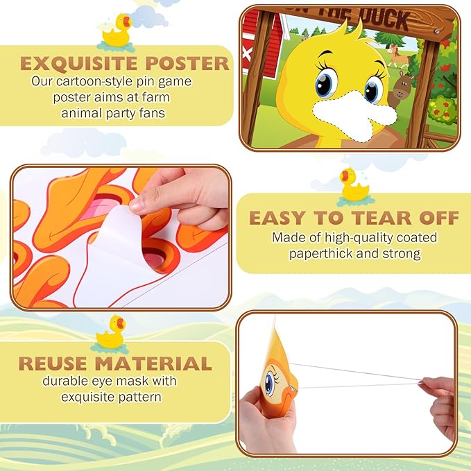 Faccito Farm Animal Games Pin The Tail on The Animals Barn Birthday Party Decorations Farm Poster Games with 24 Stickers Eye Mask for Family Activities Birthday Party Decor Supplies (Duck)