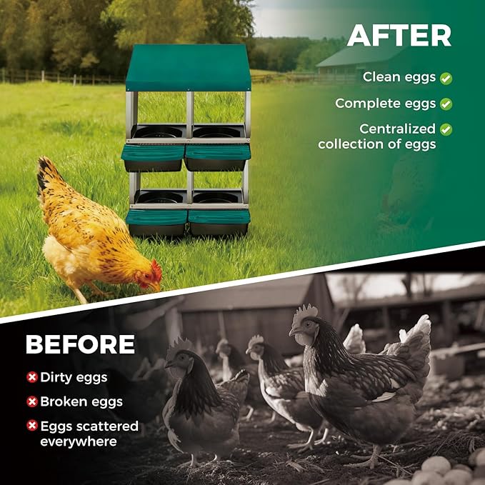 Chicken Nesting Boxes with Rollout Egg Collection – 4-Compartment Metal Hen Nest Box with Removable Trays, Slanted Roof & Ventilation, Wall Mount or Standing for Backyard Poultry Coop, Green