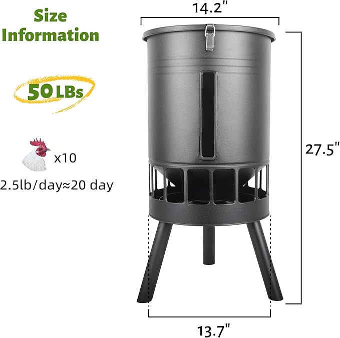 KOL 50LB Metal Chicken Feeder - No Waste, No Clog Design with 16 Ports & Smooth Gravity-Flow, Powder Coated Rust-Proof for Coop Use (Black)