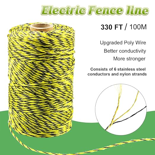 330 Feet Electric Fence Polywire & 30 Pcs Electric Fence Insulator, 1/8" Diameter Portable Electric Fencing Poly Wire Rope Line 6 Steel Strands for Reliable Conductivity & Rust Resistance