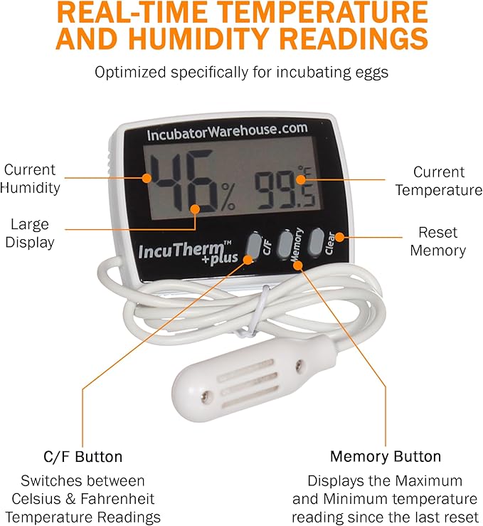 Incubator Warehouse IncuTherm™ Plus Digital Thermometer and Hygrometer for Egg Incubator - Large Digital Display with Min/Max Memory - Remote Probe - Reads Celsius and Fahrenheit +/-1° 1109 IWTH01