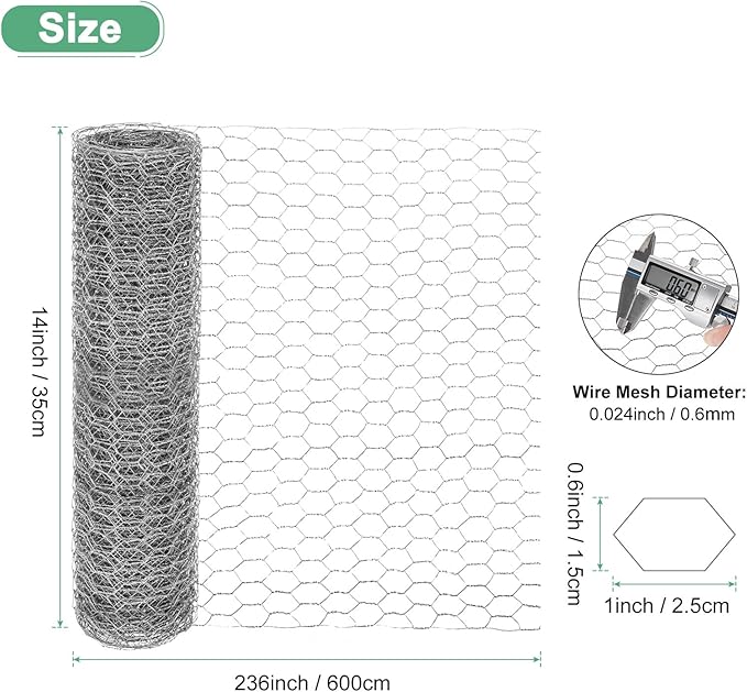 Chicken Wire for Floral Arrangements, 14 x 236 in Galvanized Iron Hexagonal PVC Coated for Crafts/Poultry/Garden, Chicken Wire Netting Fence Mesh [Silver Tone]