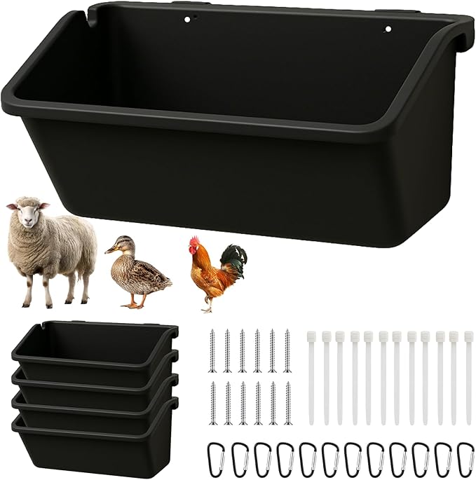 4 Pack Hanging Goat Feeder & Duck Feed Trough, 5 Qt Fence Mounted Livestock Manger – Heavy Duty Plastic Mineral Bucket & Waterer for Sheep, Piglets, Deer & Poultry.