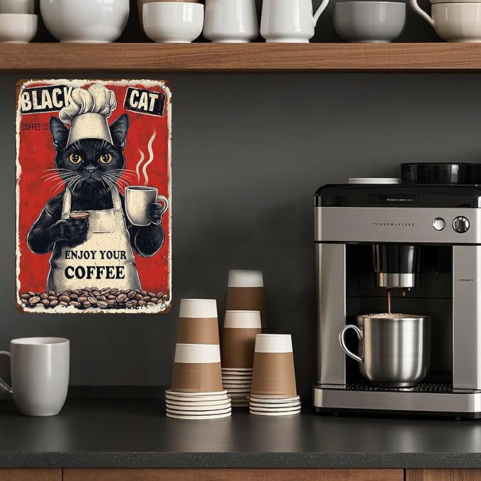 Metal Signs Black Cat Coffee Company Enjoy Your Coffee Sign Funny Vintage Tin Sign Sign Retro Wall Decor For Home Kitchen Office Farmhouse Yard Garden Shop Cafe Poster 12x8 Inch