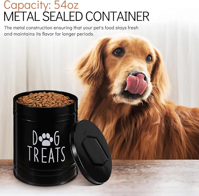 Airtight Large Dog Food Storage Container with Lid, Black Metal Pet Treat Canister for Kitchen Countertop, Sturdy Dry Dog Food and Puppy Grain Storage Bin