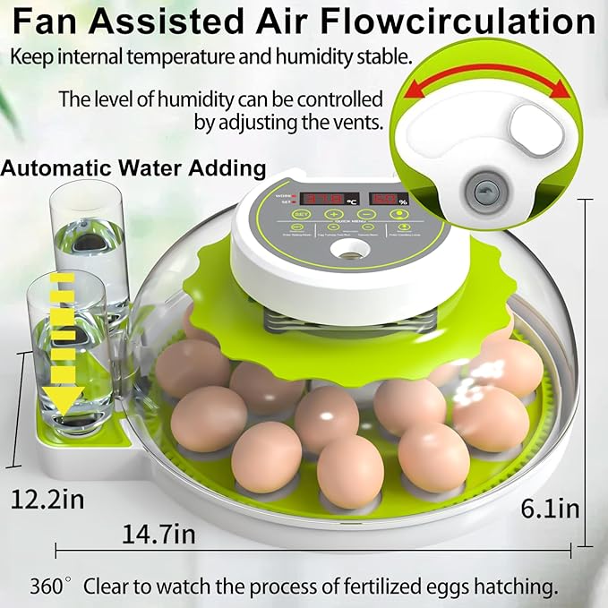 18/60 Egg Incubator with Humidity Display, Incubators for Hatching Eggs, Egg Candler, Automatic Egg Turner, Poultry Egg Incubator for Hatching Chicken Duck Goose Bird Quails- Green 2 Egg Trays