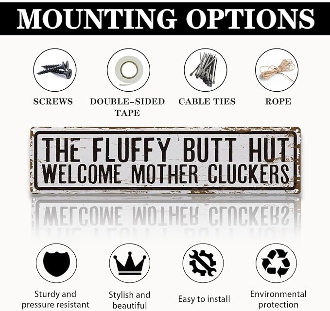 Rustic Farmhouse Style Chicken Coop Sign, Metal Outdoor Chicken House Signs, Fluffy butt hut welcome mother cluckers, Retro Metal Tin Sign, Farmhouse Decor, Backyard Hen House Gift 15.8x4 Inch