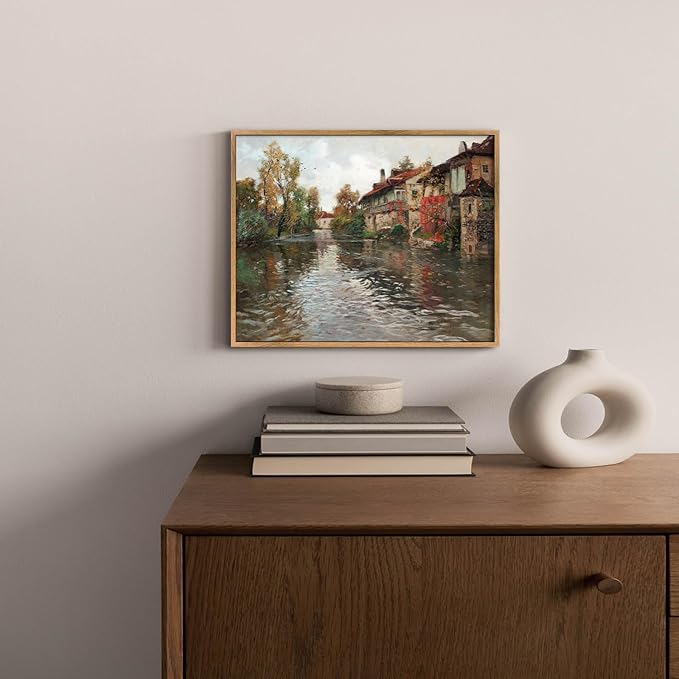 Vintage Farmhouse Framed Picture Nature Scenery Painting European Village Artwork River Village Wall Art French Landscape Canvas Colorful Farmhouse Pictures English Country Wall Art 8x10inch Framed