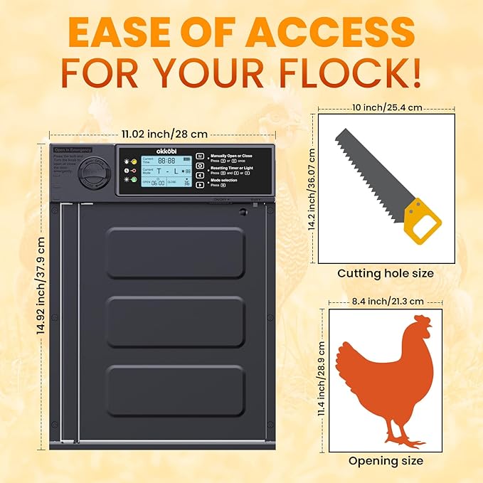 Automatic Chicken Coop Door PRO - Light Sensor & Timer - Anti-Pinch Function - Wide Opening - New Model - Solar Powered with LCD Display - 5 Year Protection