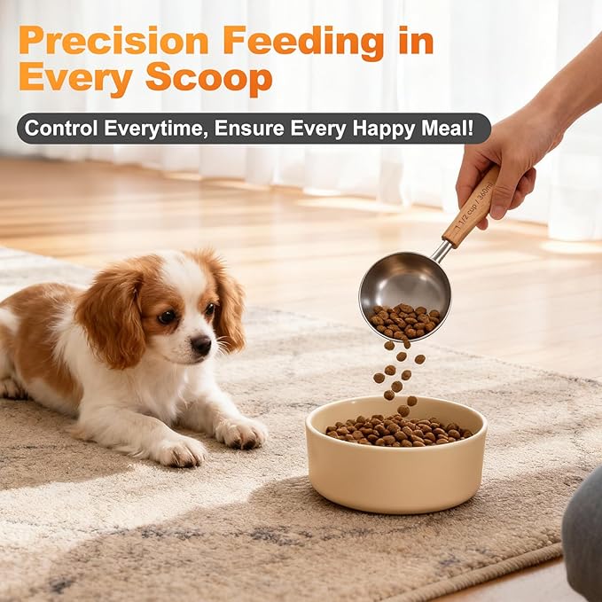 2PCS 1-1/2Cup(360ml | 12oz) Dog Cat Food Scoop, 18/8(304) Stainless Steel Measuring Cup with Wooden Handle, Etched Measurements Inside, BPA Free Portion Control for Pets & Kitchen Use