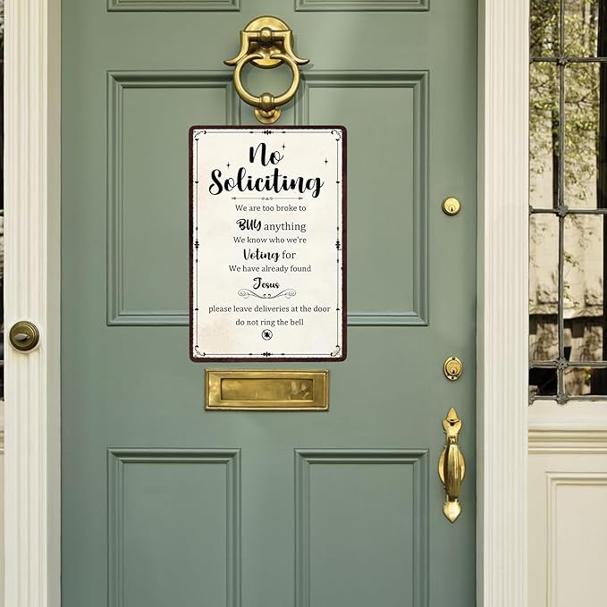No Soliciting Sign for House, Front Door-Do Not Knock Or Ring Doorbell Sign for Office-Perfect Decorative Sign to Discourage Unwanted Visitors-Funny Metal Decor 8 X12 Inch