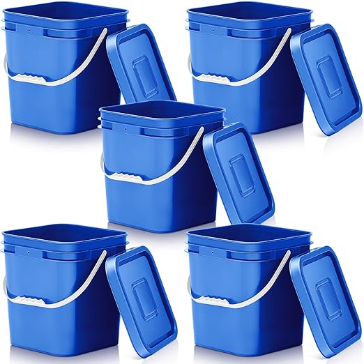 Mumufy 5 Pcs 3.5 Gallon Square Food Grade Bucket with Lid Square Bucket Pail Plastic Handles for Long Term Food Storage, Camping, Fishing, Home Organization Easy Stack and Store (Blue)