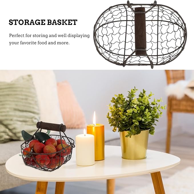 Rustic Wire Egg Basket for Fresh Eggs Gathering, Farmhouse Metal Eggs Holder with Wood Handle, Vintage Kitchen Countertop Storage Basket for Fruits Vegetables Bread, Black Wire