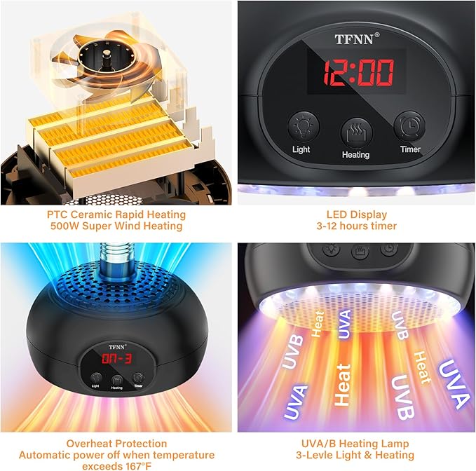 Heat Lamp for Chickens with Holder，200W-350W-500W Reptile Heating Lamp with UVA UVB Ligh 3-6-9-12H Timer, Protable Greenhouse Heater for Outdoor Chicken Coop Indoor Reptile Rabbits Dog Cats