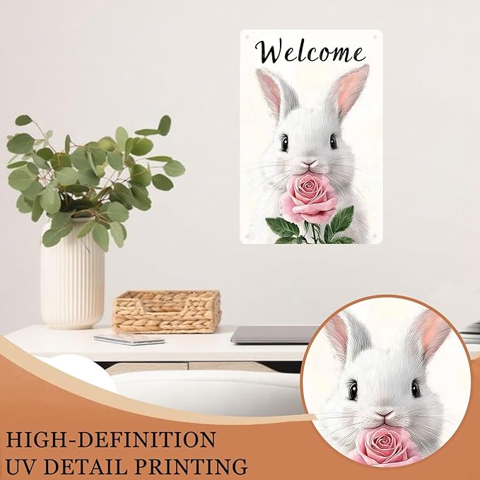Easter Bunny Vintage Tin Sign Welcome Rabbit Decorations Fun Decor for Home Wall Yard Garden 8X12Inch