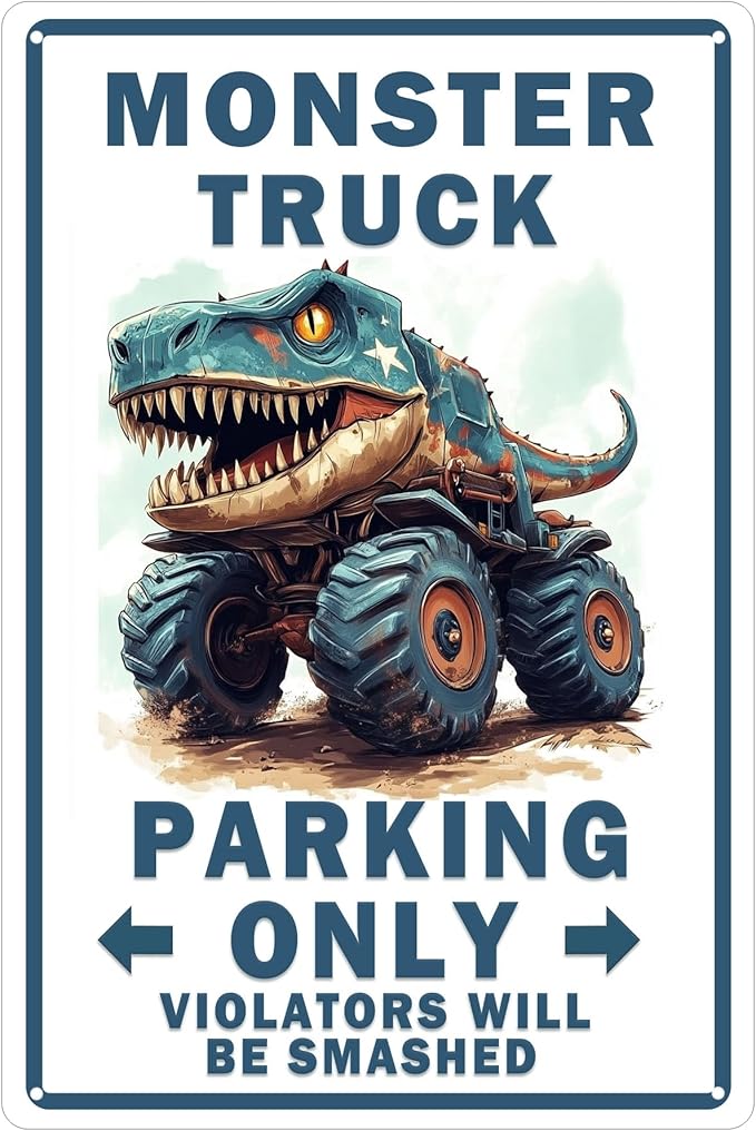 Funny Boys Room Decor Monster Truck Parking Only Metal Tin Sign Bedroom Wall Decorations Birthday Party Accessories Signs Posters Gifts for Kids 8x12 in