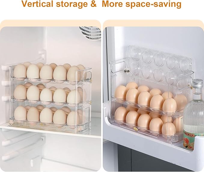 Beveetio Flippable Egg Holder For Refrigerator, Clear Acrylic Egg Storage Container For Refrigerator Side Door, Large Capacity Organizer-30 Count Capacity