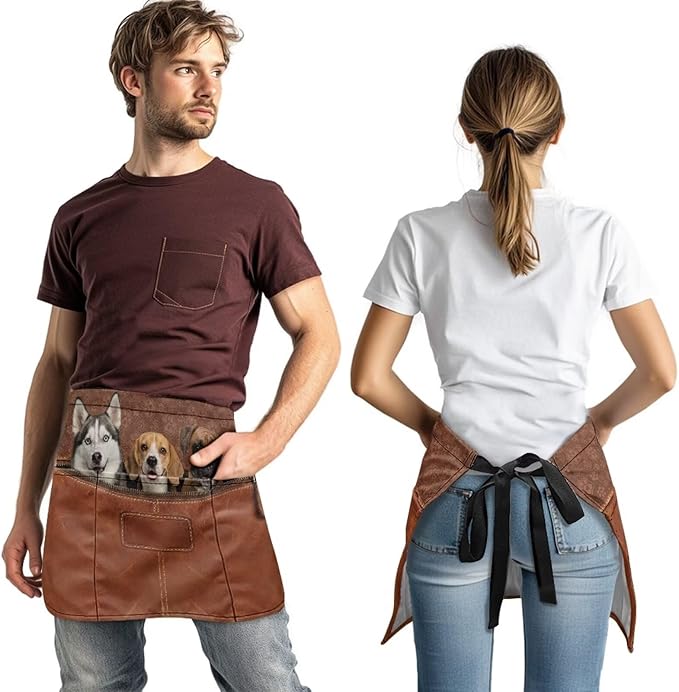 Waist Apron with 3 Pockets Waterproof 13 Inch Short Half Waist Aprons Women Men Server Aprons Waitress Waiter Apron