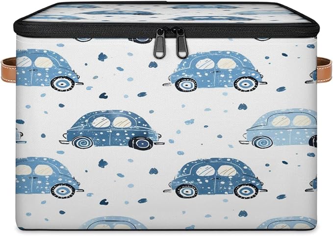 Storage Cubes with Lid Fabric Storage Bins Boxes PU Leather Handles, Cute Cars Closet Organizer Container Foldable Washable Shelf Cloth Basket, Cartoon Car
