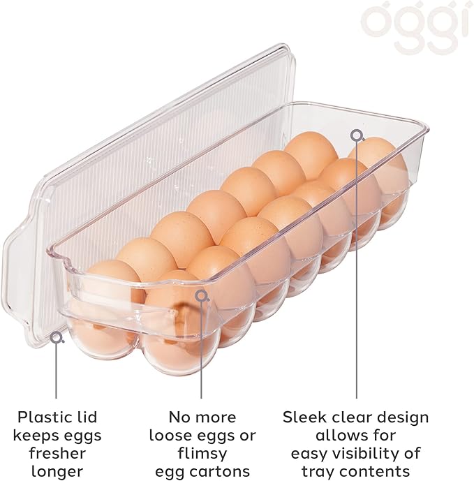 OGGI Stackable Covered Egg Holder - Kitchen Organization, Fridge Organizer, Food Storage, Clear Stackable Storage Bins, 14 Egg Tray
