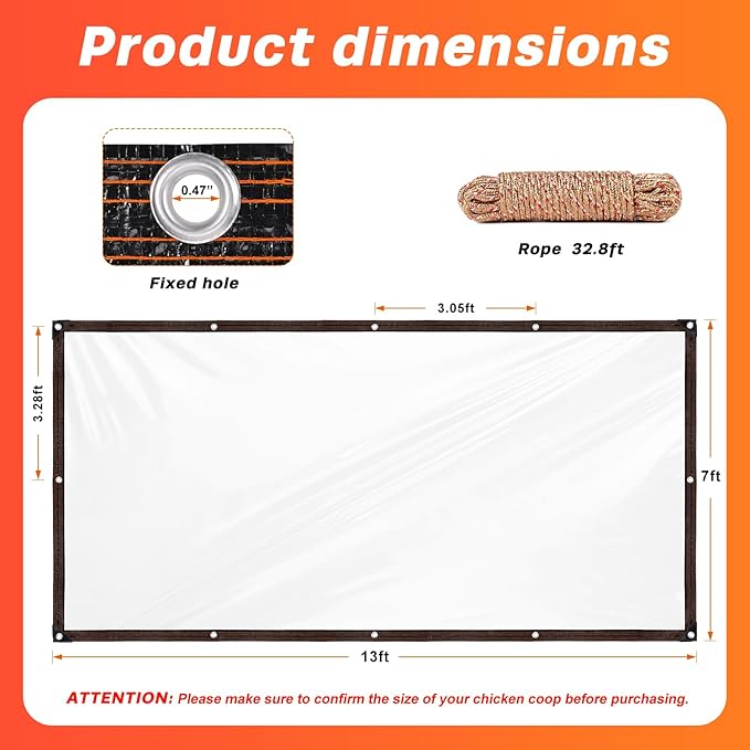 7 x 13 FT Chicken Coop Cover for Winter, Waterproof Chicken Run Tarp with Rope, Anti-Tear Chicken Coop Insulation Windproof Winterizing Cover for Porch Patio Poultry Cage