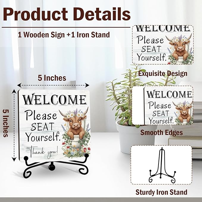 Funny Highland Cow Bathroom Decor, Cow Gifts for Women, 5 Inch Rustic Wooden Plaques for Farmhouse Restroom, Welcome Please Seat Yourself Thank You Sign - A03