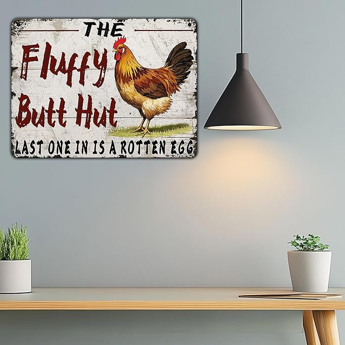 Funny Chicken Coop Metal Tin Sign 12x16 Inch Fluffy Butt Hut Last One In Is A Rotten Egg Chicken Tin Sign Chicken Coop Poster Home Kitchen Garden Bar Restaurant Coffee Are Wall Decor