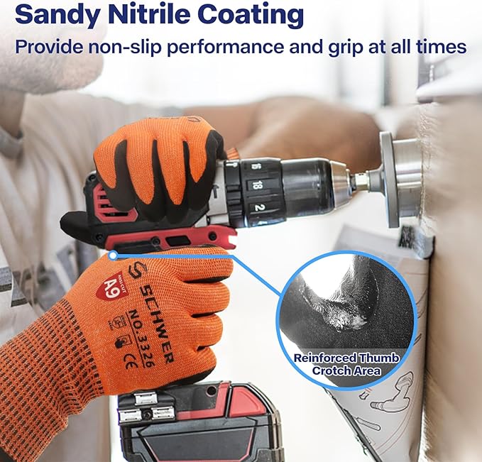 Schwer ProGuard High Level Cut Resistant Work Gloves PR3326 for Extreme Protection，ANSI A9 Cut Gloves with Reinforced Thumb, Non Slip, Durable, Touch-screen, Orange 1 Pair(XXL)