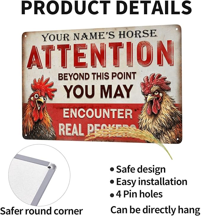 Custom Your Name Chicken Attention Sign Funny Farm Rooster Metal Tin Plaque Vintage Rustic Wall Decor for Backyard Barn