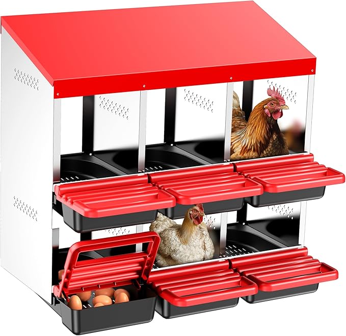 Two-Tier Chicken Nesting Box, Metal Chicken Egg Laying Box with Swing Perch and Rollout Egg Collection for Chicken Coop Red 6 Hole
