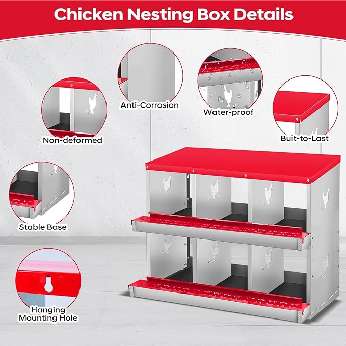 Nesting Boxes for Chickens, 3 Compartments, Nesting Boxes with 4 Dummy Eggs and 10 Dampproof Pets Mats, Red, Stainless Steel, Wall-Mountable & Roll Away Design
