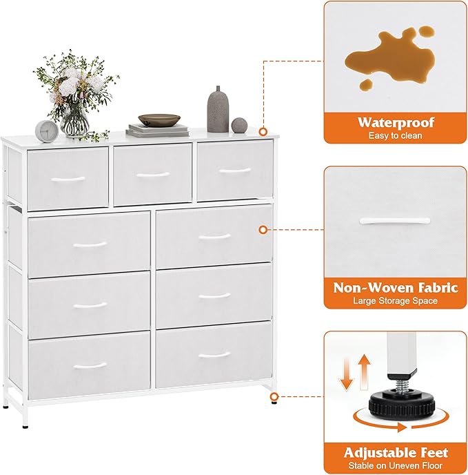 WelFurGeer 9-Drawer Dressers with Sturdy Metal Frame - Tall Chest Organizer Unit with Fabric Bins, Storage Chest of Drawers for Bedroom, Living Room, Hallway, Entryway, Closet, White