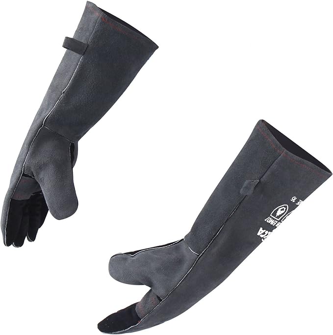 RAPICCA Fireplace Gloves Fire Heat Resistant: Grey 16IN 662℉- Fireproof Leather for Fireplace Fire pit Wood stove Campfire Furnace BBQ Grill Oven Stick Mig Welding Welder Gear - Birthday Gift for men
