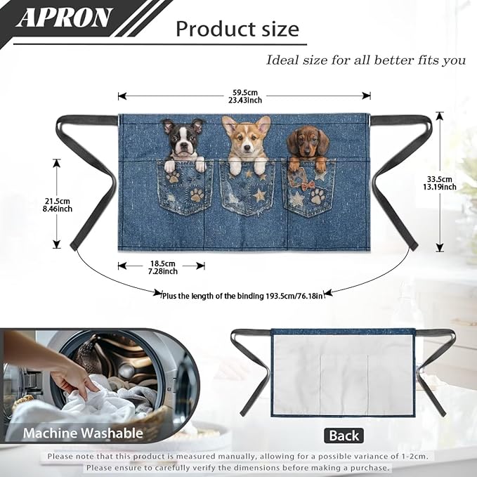 Waist Apron with 3 Pockets Waterproof 13 Inch Short Half Waist Aprons Women Men Server Aprons Waitress Waiter Apron