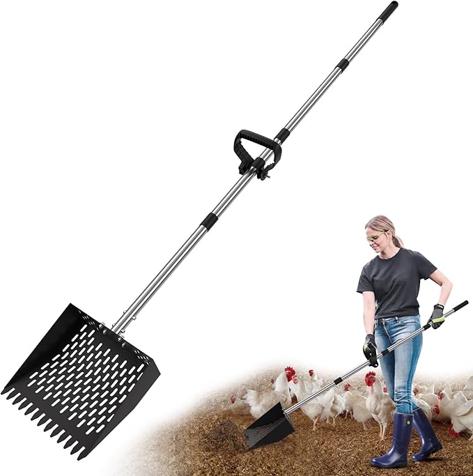 Chicken Poop Scooper - 2-in-1 Chicken Coop Scoop & Rake,65inch Adjustable Long Handle Chicken Scooper for Poop with Grip, Sifting Litter Shovel Scoop for Chicken Coop,Goat Stall and Stable Cleaning