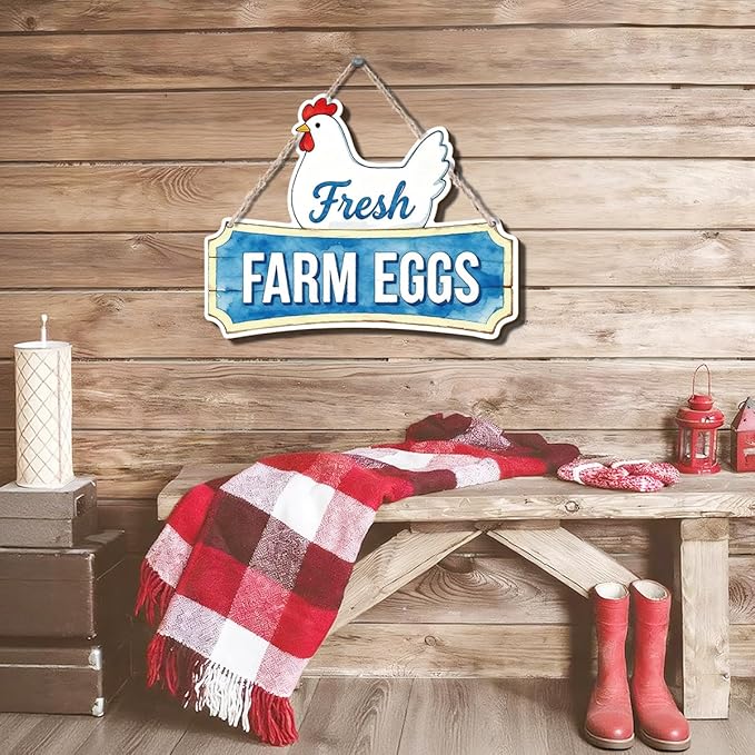 Farmhouse Kitchen Wall Decor, Fresh Farm Eggs Chicken Sign, Rustic Wood Hanging Plaque, Watercolor Farmhouse Wall Art Painting Style, Country Rustic Wall Decor for Home, 11.8x9.2 Inches
