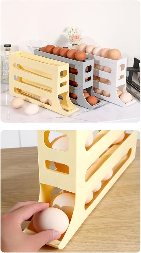 30 Eggs Egg Holder for Fridge,4 Tiers Egg Container,Auto Rolling Fridge Egg Organizer for Refrigerator,Space-Saving Egg Dispenser Holder,Fridge Egg Rack (Yellow, 1pack)