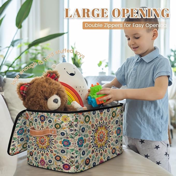 Vintage Boho Storage Bins with Zipper Lid Fabric Storage Containers for Clothes Collapsible Closet Storage Basket with Metal Frame 2 Pack