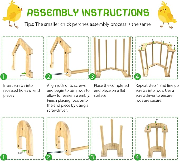 Bamboo Chicken Perch Set(4 Pack), Strong Roosting Bar for coop and brooder, Training Perch for Large Bird, Hens, Parrots, Macaw, Easy to Assemble and Clean, Fun Toys for Chicken