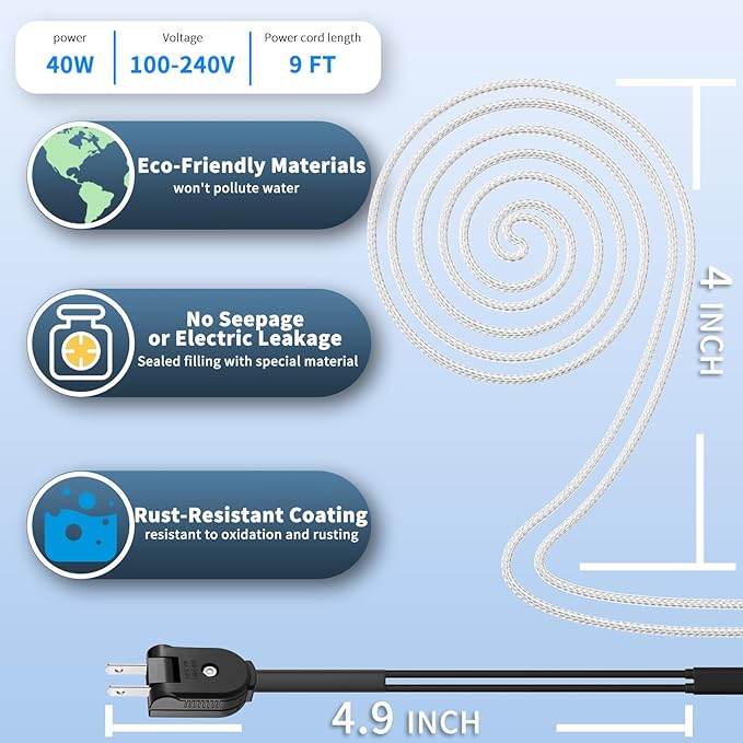 Heated Chicken Waterer Cord for Winter, 8.9ft Freeze Proof Poultry Water Heater, 40Watt Chickens Water Heater Cord, Prevents Water Freezing in Drinkers for Small Animals Rabbits, Ducks, Guinea Pigs