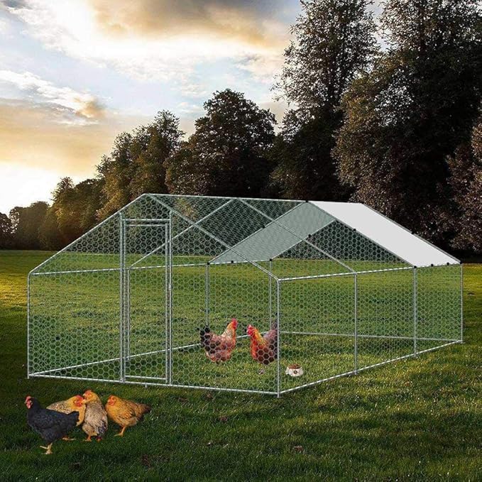 Large Metal Chicken Coop, Walk-in Poultry Cage Galvanized Hen Playpen House with with Water-Resident and Anti-UV Cover, Duck Rabbit House Outdoor, Backyard Farm, 9.8' L x 13.1' W x 6.5' H