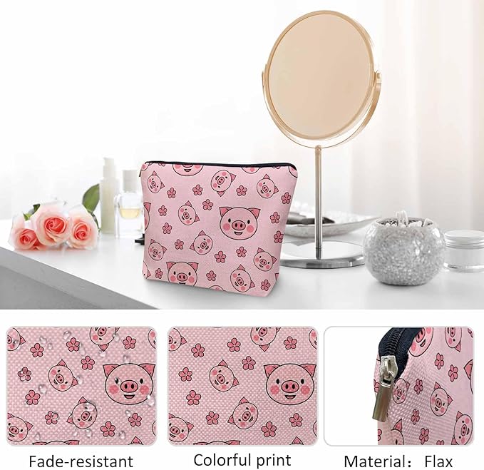 Women Cosmetic Bag Pig, Cute Piggy Pigs Pink Cute Makeup Bag For Purse Cosmetic Travel Bag For Toiletries Makeup Organizers Storage Bag Flax Skincare Bag Make Up Pouch Bags