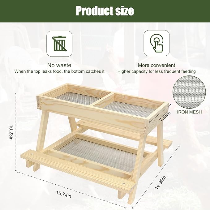 Double Chicken Picnic Table Large Capacity Handmade Wooden Chicken Feeder, Mesh Bottom for Easy Cleanup, Suitable for Chickens, Ducks