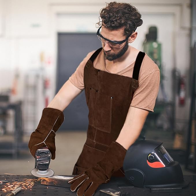 eletecpro Heavy Duty Leather Welding Apron Genuine Cowhide Flame & Heat Resistant Adjustable 42Lx24W with 6 Tool Pockets and Gloves for BBQ, Woodworking, Gardening, Men & Women Gift, Dark Brown
