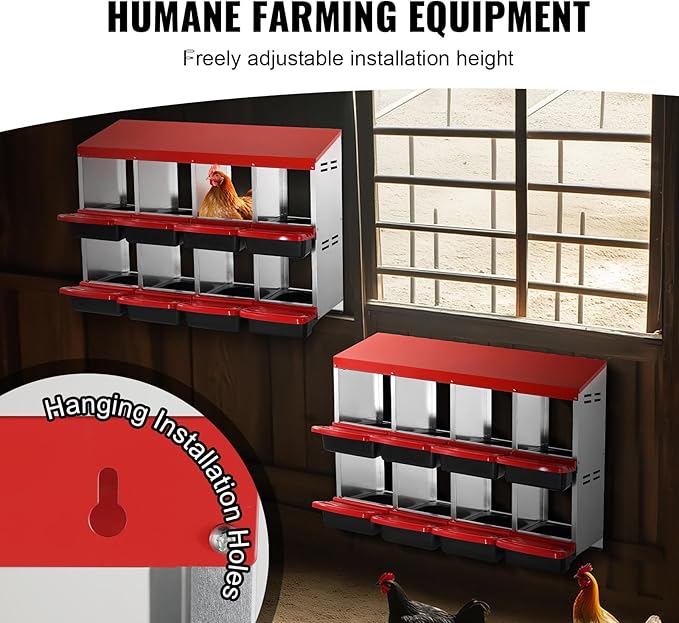 VEVOR Chicken Nest Box, 8-Compartment, 30 to 45 in Stable & Corrosion-Resistant Metal Nesting Boxes with Inclined Nesting Boxes, Bottom Holes & Resting Platform, Fit for Different Chicken Breeds