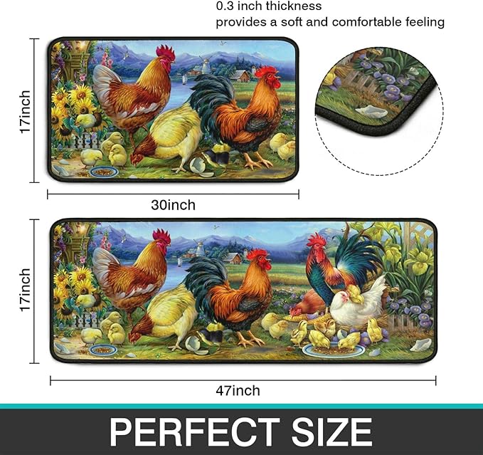 Rooster Kitchen Rug Decor 2 Pieces Set Farmhouse Style Kitchen Mat Washable Runner Rug Chicken Sunflower Decoration Indoor Floor Mat 17" x 47" + 17" x 30"