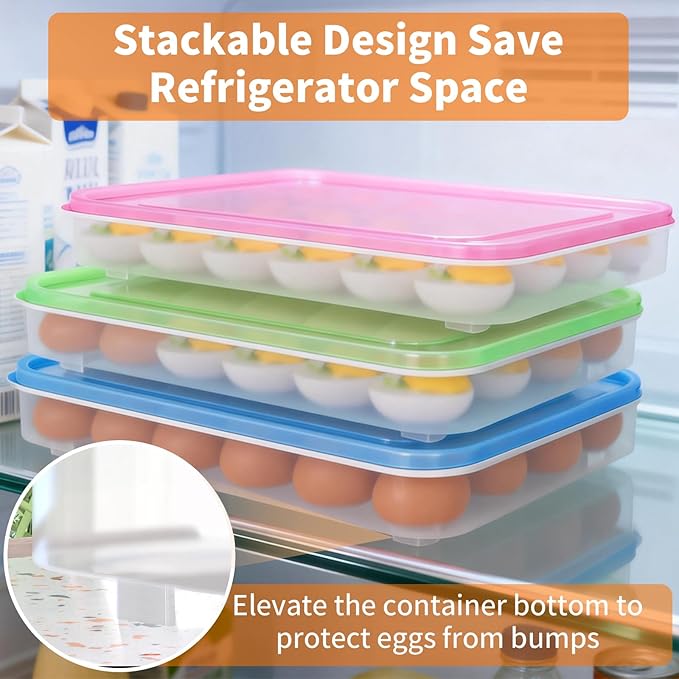 77L Deviled Egg Containers with Lid, Set of 3 Stackable Egg Carriers, Holds 72 Eggs for Refrigerator, Clear Trays for Parties & Holidays