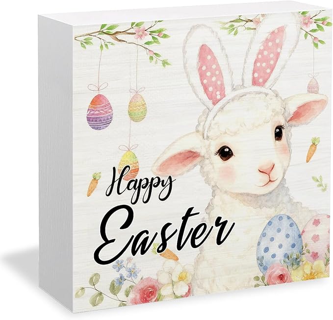 Happy Easter Sheep Wooden Box Sign Desk Decor, Easter Lamb Decor, Spring Floral Egg Sheep Wood Signs for Bedroom Home Office Desk Table Shelf Decorations, 5x5 Inch